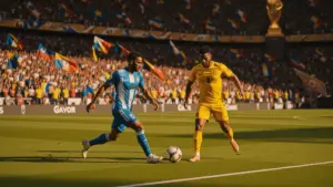 World Cup knockout stage soccer match with teams in action under stadium lights