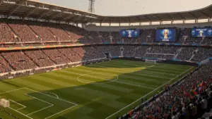 World Cup 2026 stadium during Round of 16 knockout stage match with packed crowd
