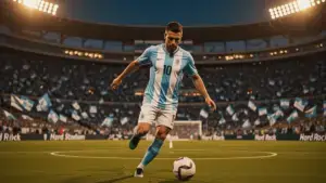 Argentina soccer player taking shot on goal at packed World Cup stadium