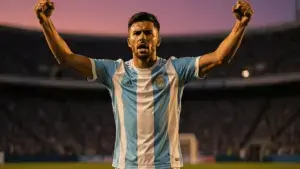 Argentina striker celebrating goal during World Cup knockout match at stadium