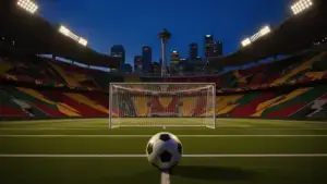 Soccer stadium at twilight with ball on pitch and Seattle skyline for Belgium vs Senegal World Cup 2026 match