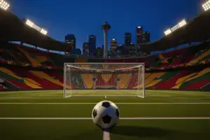 Soccer stadium at twilight with ball on pitch and Seattle skyline for Belgium vs Senegal World Cup 2026 match