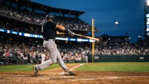 Baseball player hitting powerful home run at twilight in packed stadium with dramatic lighting