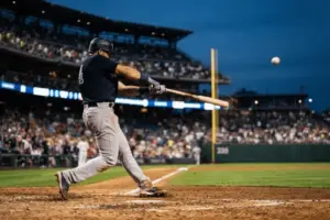 Baseball player hitting powerful home run at twilight in packed stadium with dramatic lighting
