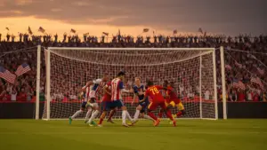 USA vs Belgium World Cup 2026 soccer match with players competing in packed stadium