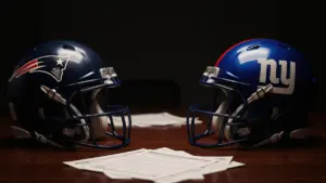 Patriots and Giants helmets facing each other across negotiation table representing trade discussion