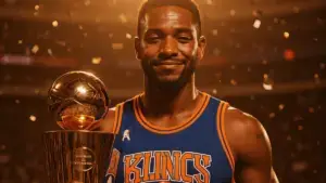 Jalen Brunson holding NBA Finals MVP trophy after Knicks championship victory
