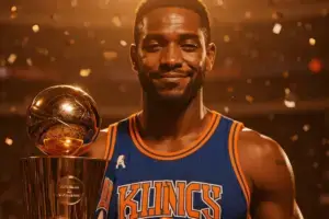 Jalen Brunson holding NBA Finals MVP trophy after Knicks championship victory