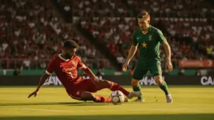 Canada vs Morocco World Cup Round of 16 soccer match action with players competing for the ball
