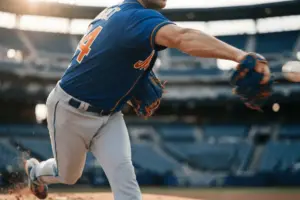 Baseball pitcher mid-delivery showing velocity and power in Mets colors at stadium