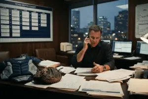 Yankees GM office with catcher gear and scouting reports during trade deadline preparations