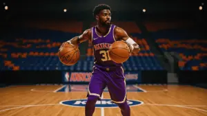 Basketball player in Sacramento Kings jersey with New York Knicks arena in background