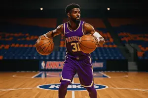 Basketball player in Sacramento Kings jersey with New York Knicks arena in background