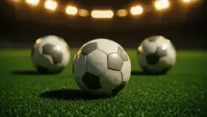 Three soccer balls on stadium pitch with dramatic floodlight bokeh for World Cup parlay betting picks