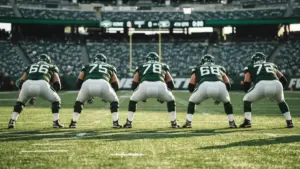 Jets offensive line in formation on field showing unified stance and strength