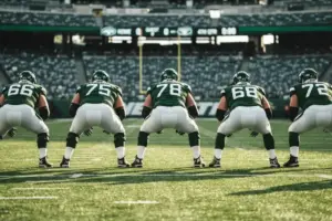Jets offensive line in formation on field showing unified stance and strength