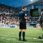 Soccer referee reviewing VAR decision at World Cup quarterfinal match in packed stadium