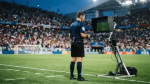 Soccer referee reviewing VAR decision at World Cup quarterfinal match in packed stadium