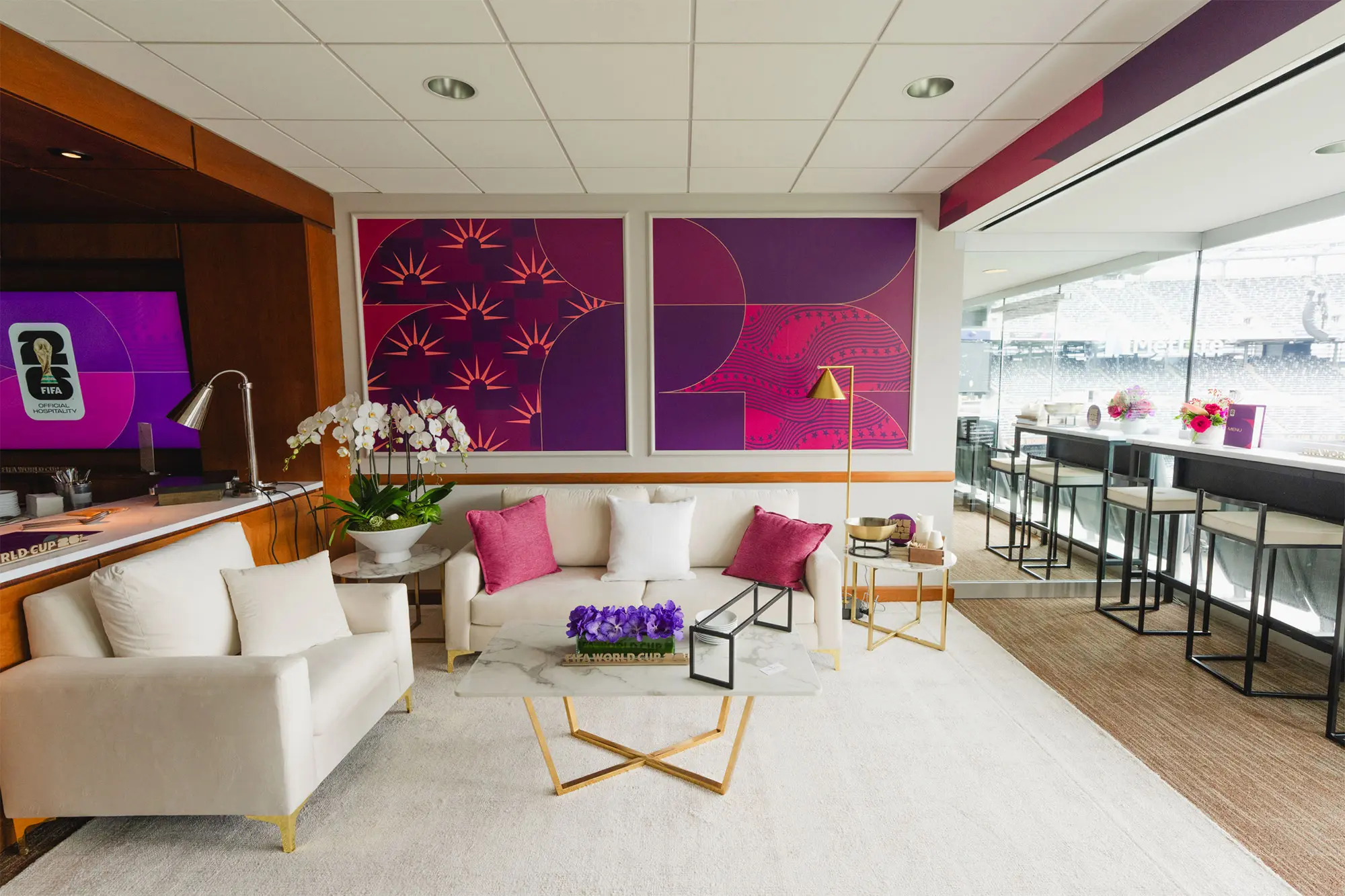 Luxurious FIFA World Cup hospitality suite with stylish decor and seating.