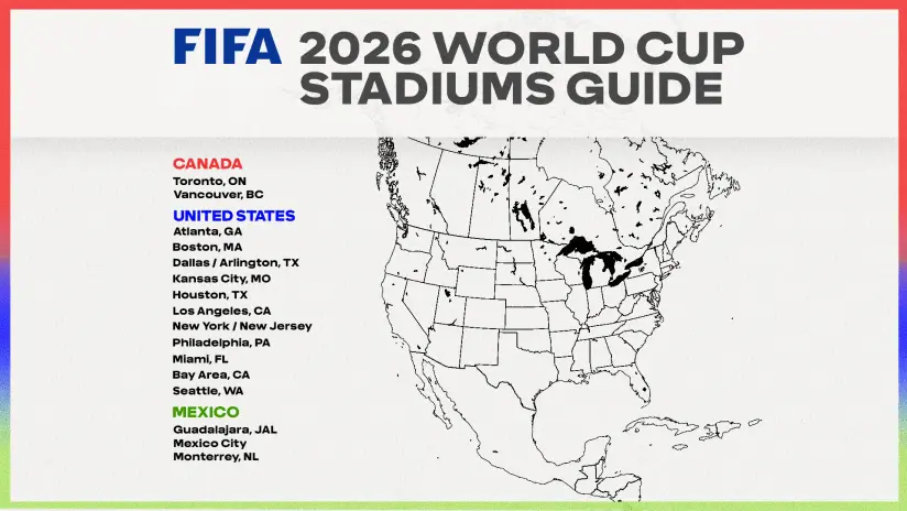 Map highlighting FIFA World Cup 2026 stadium locations in North America.