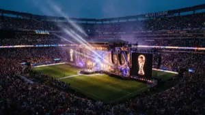 MetLife Stadium prepared for FIFA World Cup Final halftime show with stage and dramatic lighting