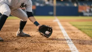 Yankees shortstop fielding ground ball at Yankee Stadium with pinstripe uniform visible