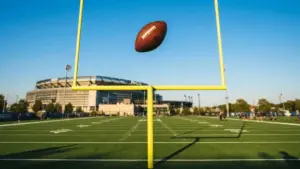 Football sailing through goal posts at NFL practice facility in golden hour light