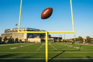 Football sailing through goal posts at NFL practice facility in golden hour light