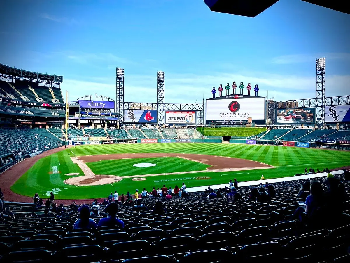View of Guaranteed Rate Field with empty stands and baseball diamond.