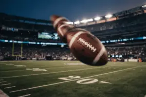 Football spiraling with low trajectory over NFL stadium field emphasizing field position strategy