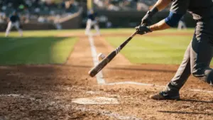 Baseball bat connecting with ball at home plate during a Major League Baseball game
