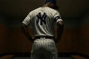 Yankees captain in pinstripe uniform stands alone in dimly lit clubhouse showing leadership pressure