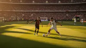 World Cup Round of 16 knockout match with players competing on stadium field