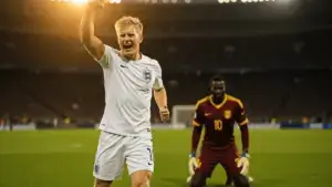 England striker celebrating goal during World Cup knockout match against DR Congo in stadium