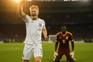 England striker celebrating goal during World Cup knockout match against DR Congo in stadium