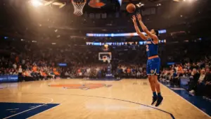New York Knicks player shooting three-pointer at Madison Square Garden in dramatic arena lighting