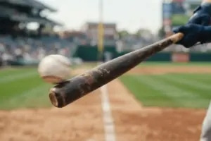 Baseball bat making contact with ball at impact point showing line drive trajectory