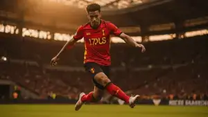 Belgian striker taking shot during World Cup knockout match at Lumen Field stadium