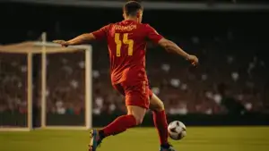 Belgium striker shooting on goal during World Cup knockout round match