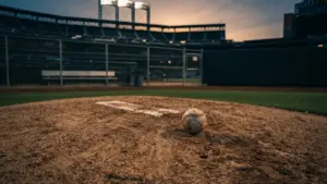 Empty bullpen mound at Citi Field with baseball at twilight, dramatic lighting showing baseball relief tension