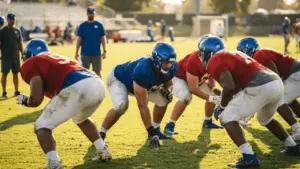 NFL offensive linemen in full pads during intense Giants training camp practice session