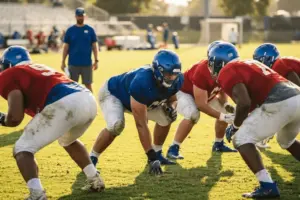 NFL offensive linemen in full pads during intense Giants training camp practice session