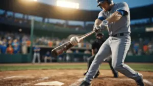 Baseball bat making contact with ball in dramatic close-up action shot with stadium lighting