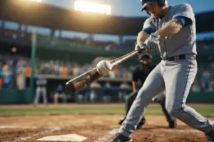 Baseball bat making contact with ball in dramatic close-up action shot with stadium lighting