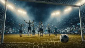 Argentina soccer team celebrating dramatic World Cup victory at packed stadium with blue and white colors