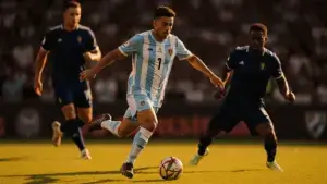 Argentina striker attacking in penalty box during World Cup match against Cape Verde defenders