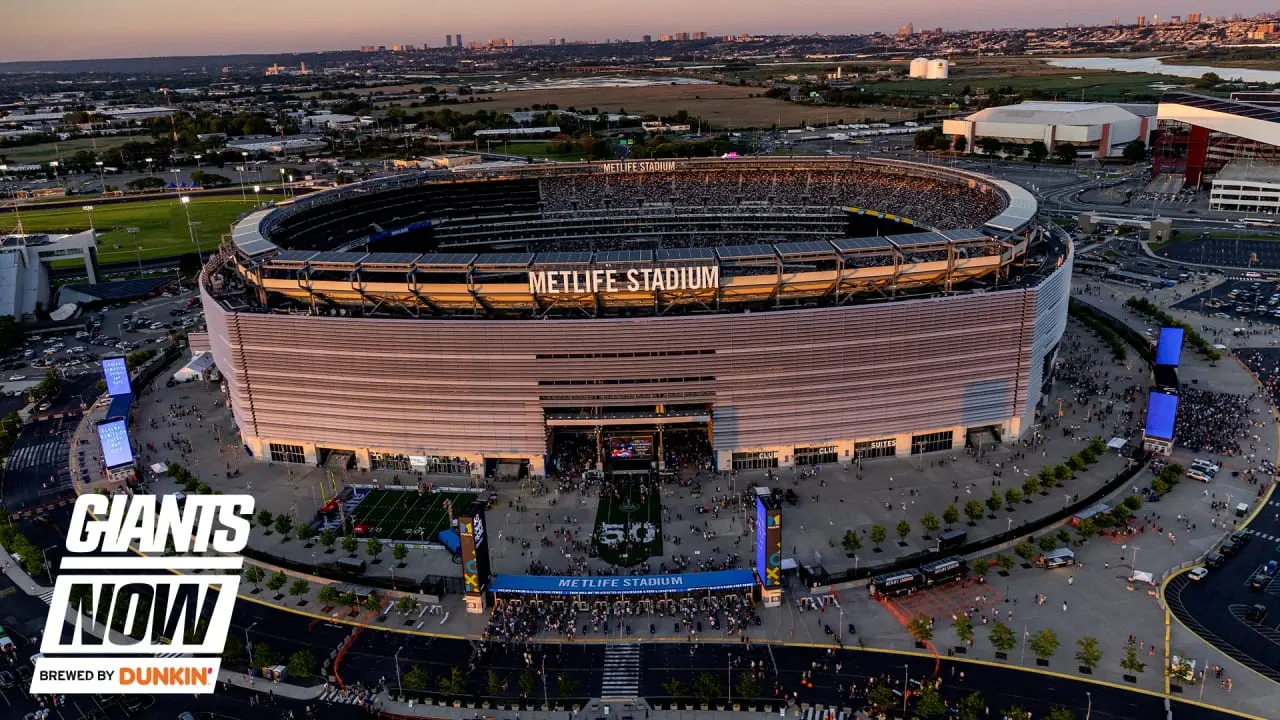Aerial view of MetLife Stadium, home of the New York Giants, with fans outside.