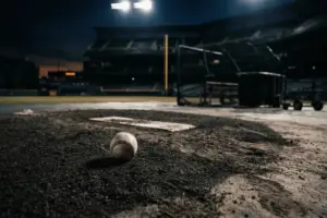 Empty baseball bullpen at night with lone baseball on mound after devastating loss