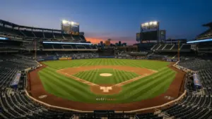 Citi Field baseball stadium at dusk with illuminated diamond and dramatic evening lighting