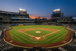 Citi Field baseball stadium at dusk with illuminated diamond and dramatic evening lighting